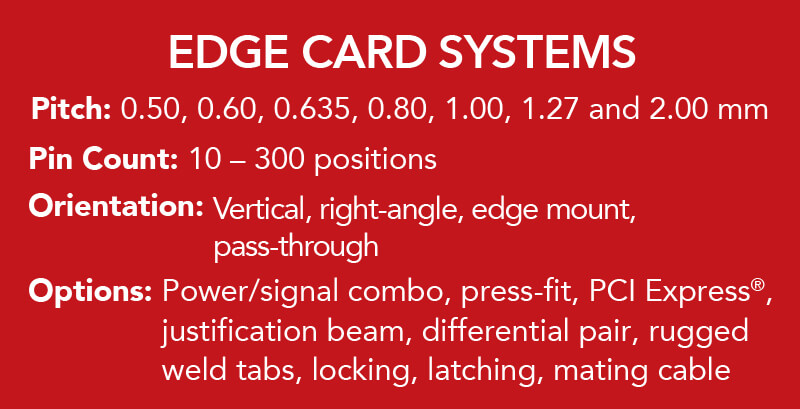 间距：0.50、0.60、0.635、0.80、1.00、1.27和2.00 mm。端子数：10 - 300个针位。 组装方向：垂直、直角、边缘安装、过孔。 选项：电源/信号组合、压接、PCI Express®、定位杆、差分对、锁扣、闭锁、对接电缆。