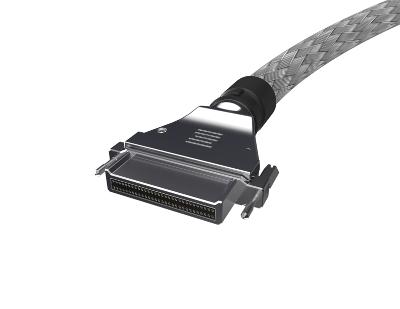 Ultra Rugged - A close-up view of a gray braided cable with a rectangular, metal connector featuring multiple pins, set against a plain white background.